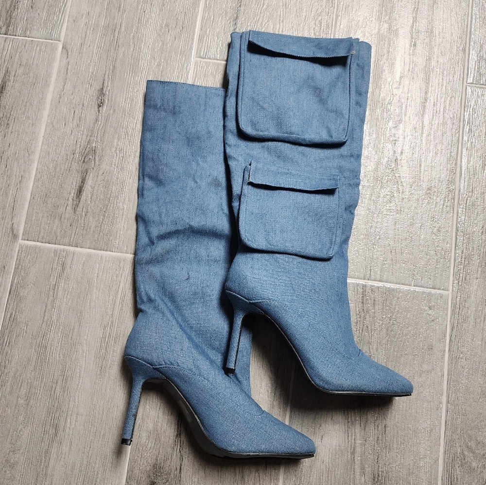 Denim fabric knee high boots